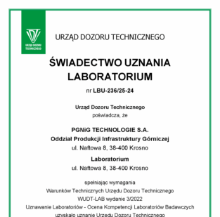 Świadectwo uznania laboratorium do 20.02.2026